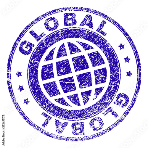 GLOBAL stamp print with distress texture. Blue vector rubber seal print of GLOBAL text with corroded texture. Seal has words arranged by circle and globe symbol.