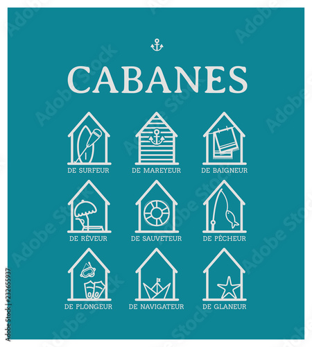 Cabanes de plage, cabine, surfeur, pêcheur, mareyeur, baigneur, nageur, rêveur, sauveteur, navigateur, plongeur