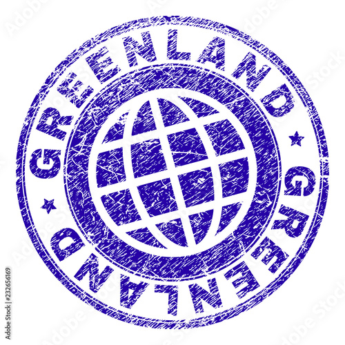 GREENLAND stamp print with grunge texture. Blue vector rubber seal print of GREENLAND caption with scratched texture. Seal has words arranged by circle and globe symbol. photo