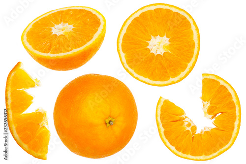 Orange with half isolated on the white background, with mirror reflection on surface