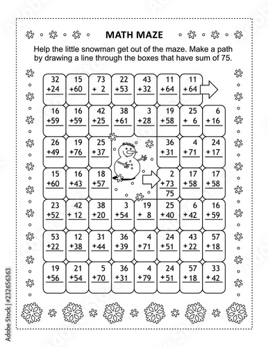 Math maze with addition facts: Help the little snowman get out of the maze. Make a path by drawing a line through the boxes that have sum of 75. Winter and holidays themed.