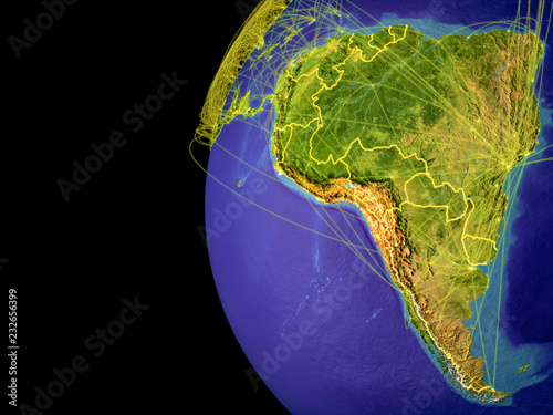 Latin America from space on planet Earth with lines representing global communication, travel, connections. photo