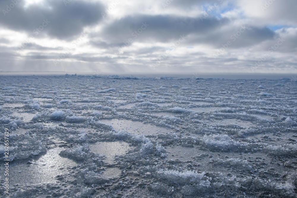 Ice freezes in winter on the surface of a large body of water.
