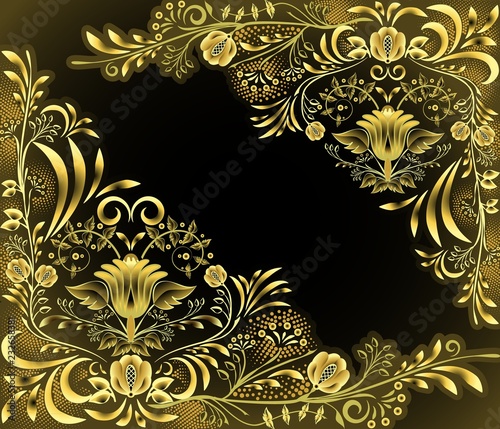 Gold with black floral pattern with empty space. Ornate decorated background with flowers and leaves. Design in the style of ethnic painting on porcelain