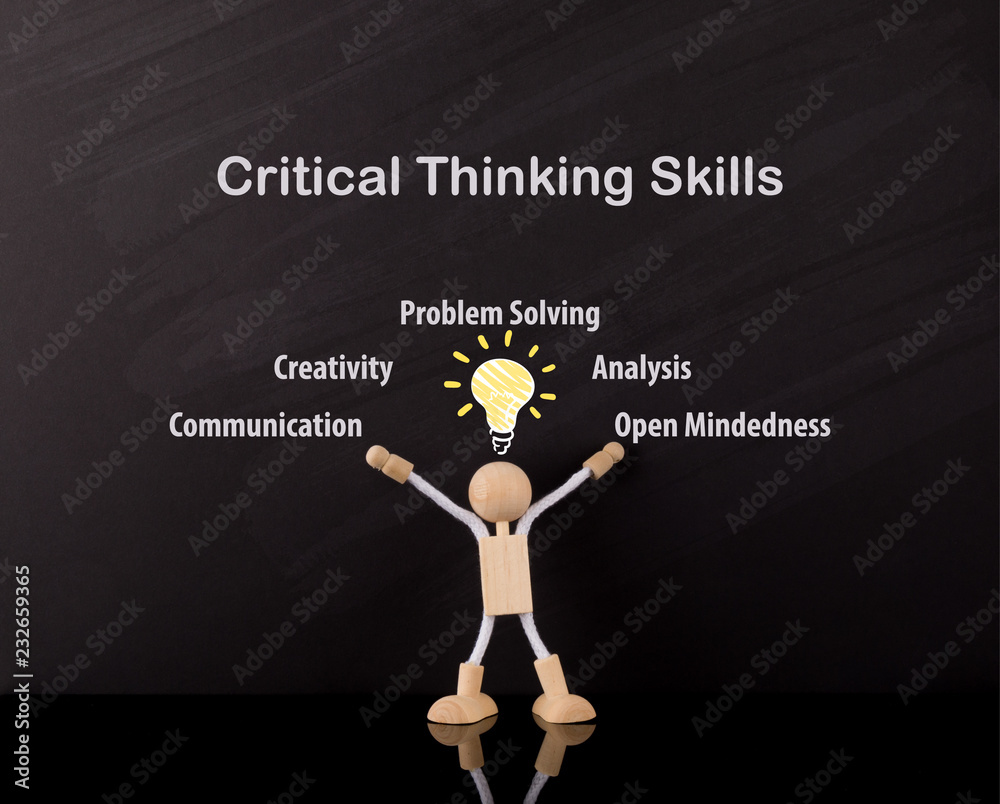 Critical Thinking Skills Concept, Wooden Stick Figure arms up, Big
