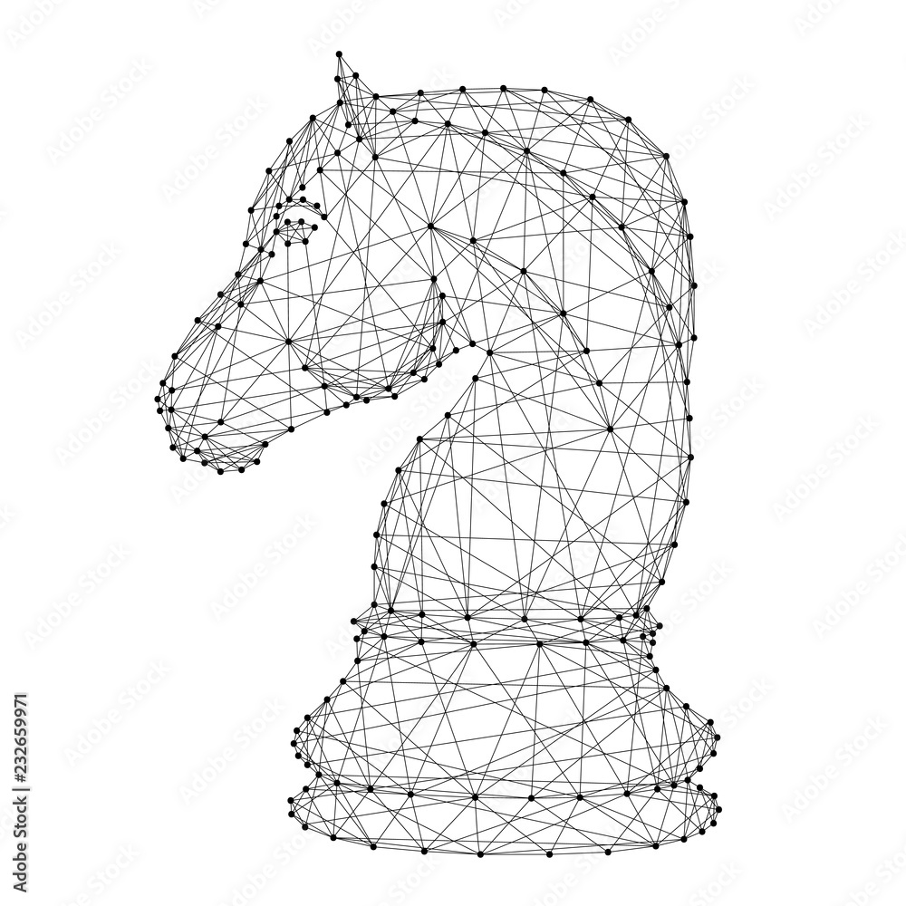 Chess horse figure from abstract futuristic polygonal black lines and dots. Vector illustration.
