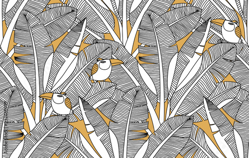 Jungle exotic palm leaves and birds seamless pattern. Banana leaf vector background. Adult zentangle colouring page illustration. Tropical bananas forest wallpapers. photo