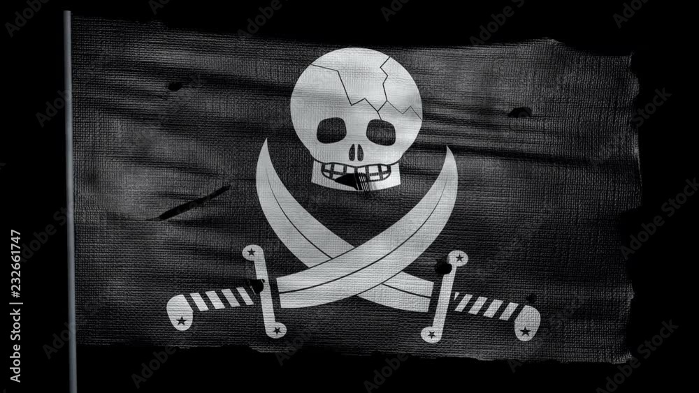 Ragged jolly roger flag is waving in the wind with alpha channel