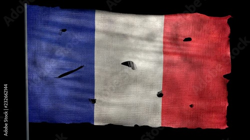 Ragged french flag is waving in the wind with alpha channel
