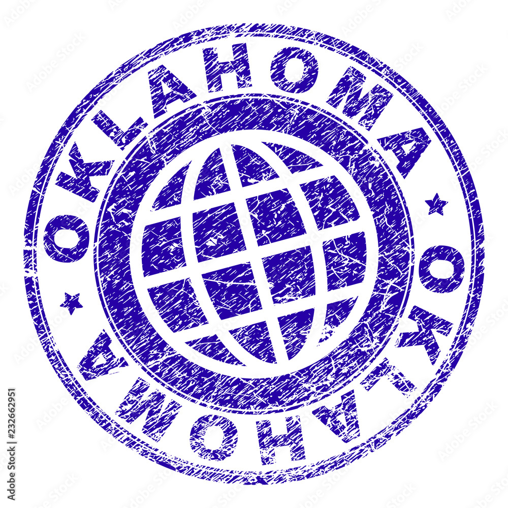 OKLAHOMA stamp imprint with grunge texture. Blue vector rubber seal imprint of OKLAHOMA caption with grunge texture. Seal has words arranged by circle and planet symbol.