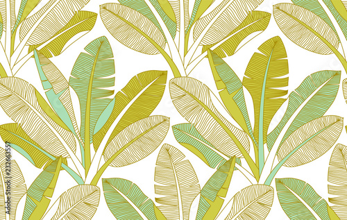 Jungle exotic palm leaves seamless pattern. Banana leaf vector background. Tropical bananas forest wallpaper.