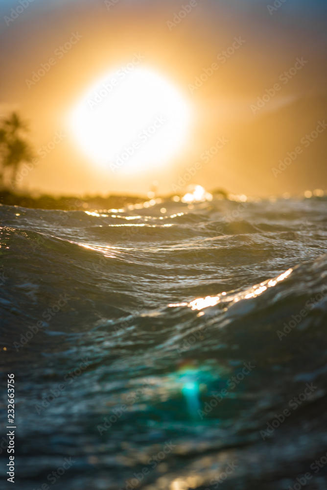 Scenic Tropical View of Waves Crashing from Low Perspective near water with Sun Rays coming through Clouds and Palm Tree Silhouette on Maui Hawaii
