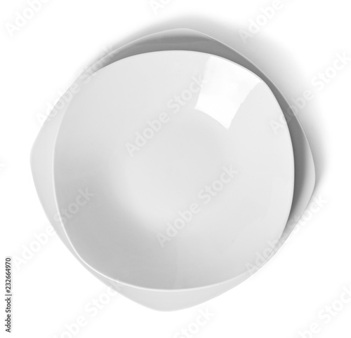 White plate or dish ware, modern porcelain plate. Isolated object on white background. elegant plate with copy space. 