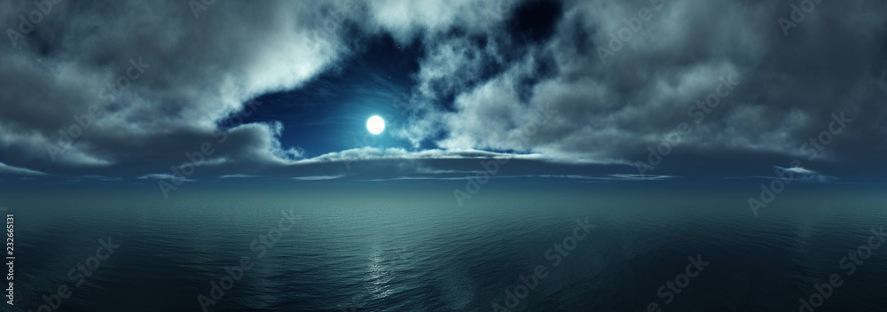 Night over the sea, the moon in clouds over the water, the rising of the moon over the ocean,
