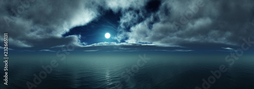 Night over the sea, the moon in clouds over the water, the rising of the moon over the ocean, 