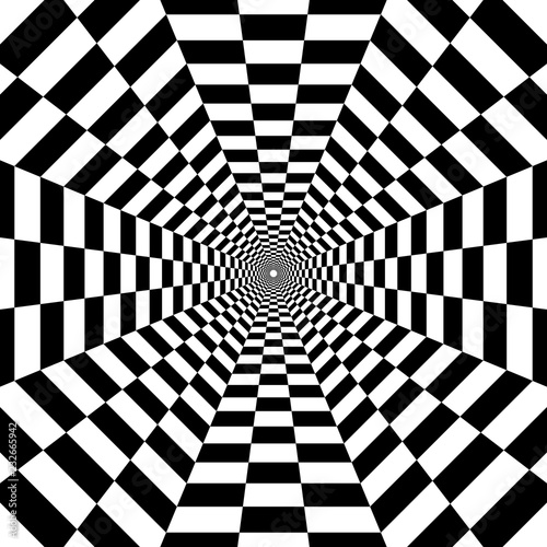 octagonal tunnel out into the distance, black and white geometric pattern, optical illusion, psychedelic