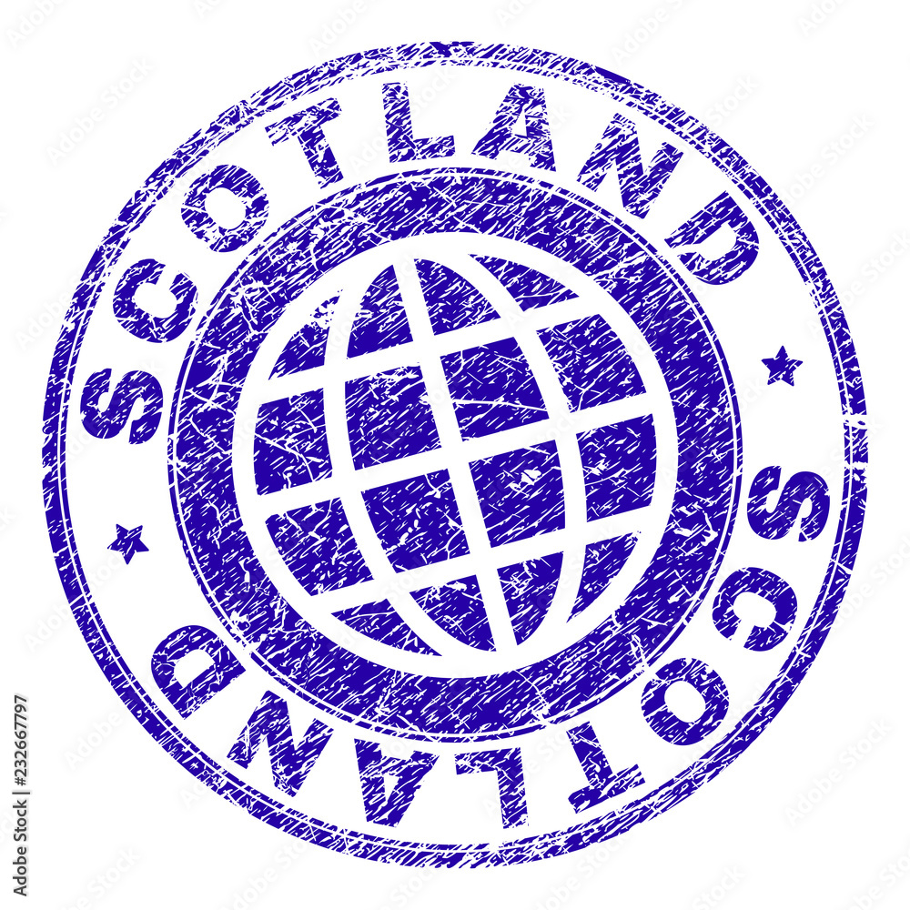 SCOTLAND stamp print with grunge texture. Blue vector rubber seal print of SCOTLAND title with retro texture. Seal has words placed by circle and globe symbol.
