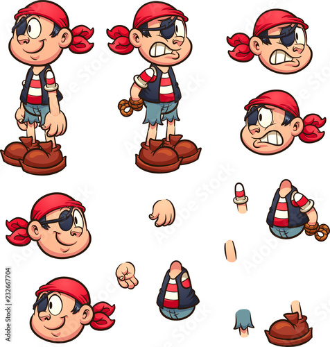 Cartoon pirate boy with separate parts ready for animation. Vector clip art illustration with simple gradients. Some elements on separate layers. 