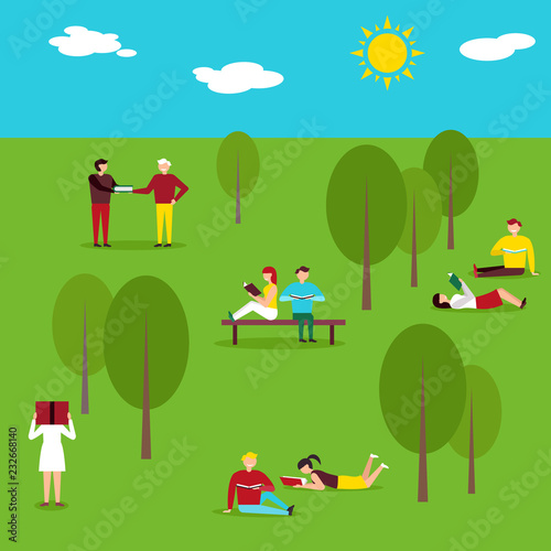 People read books in the Park, sitting on the grass. Vector illustration.