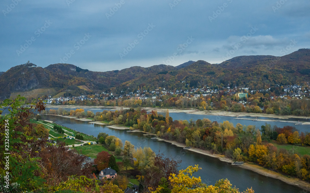 nice landscape of the rhein river between mountains in germany