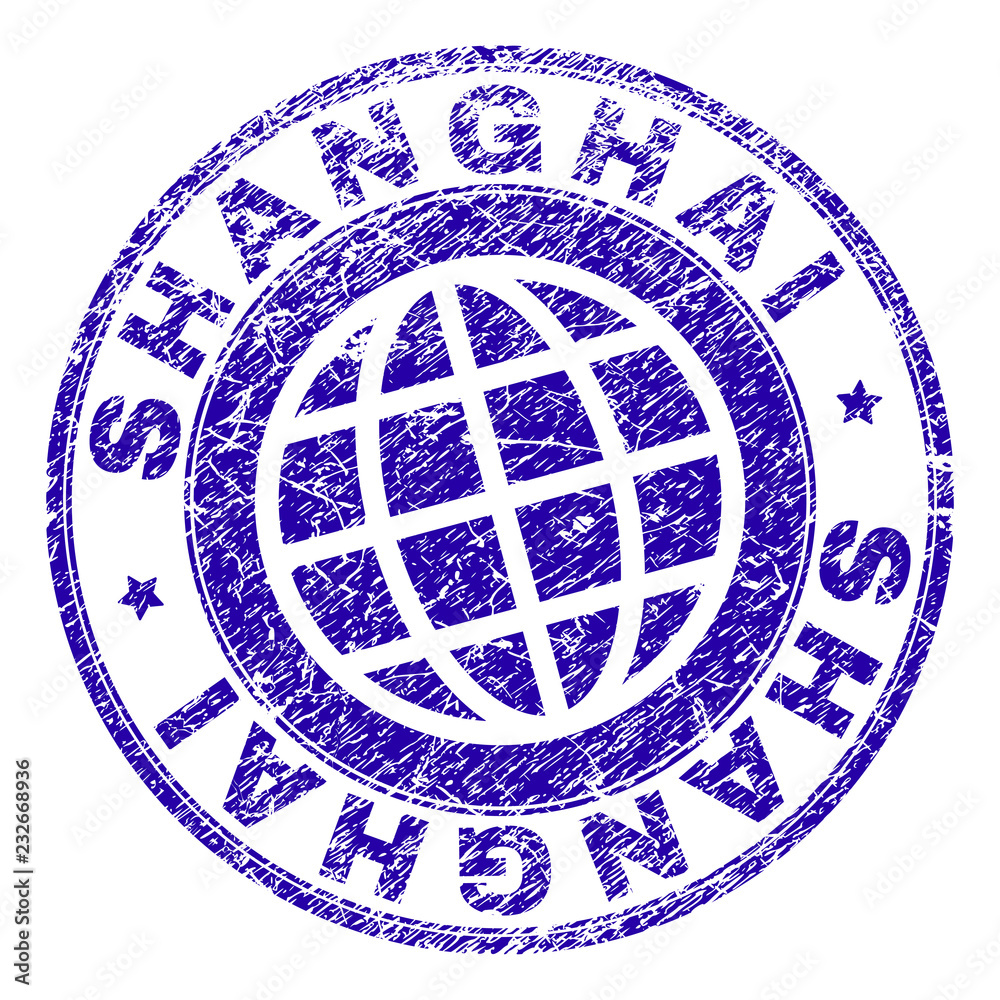SHANGHAI stamp print with grunge texture. Blue vector rubber seal print of SHANGHAI tag with dirty texture. Seal has words placed by circle and planet symbol.