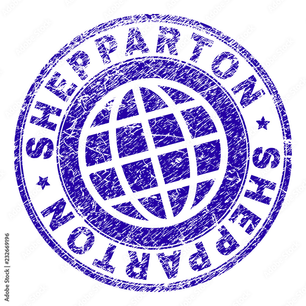 SHEPPARTON stamp imprint with distress texture. Blue vector rubber seal imprint of SHEPPARTON title with grunge texture. Seal has words arranged by circle and globe symbol.