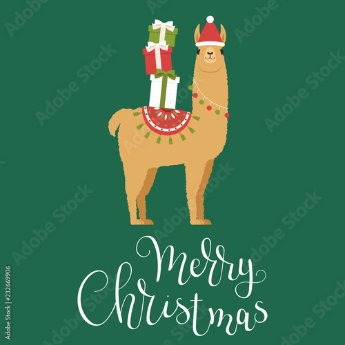 Brown llama in winter hat with Christmas gifts