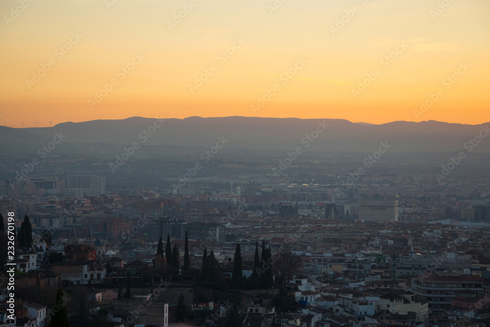 Sunset view of Granada city from San Nicolas viewpoint (Mirador de San Nicolas). Granada, Spain Sunset view of Granada city from San Nicolas viewpoint (Mirador de San Nicolas). Granada, Spain