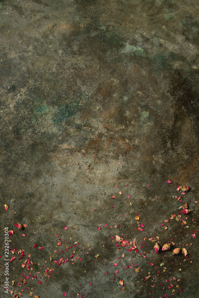 Old dark metal background with dry pink rose buds and petals. Copy space.