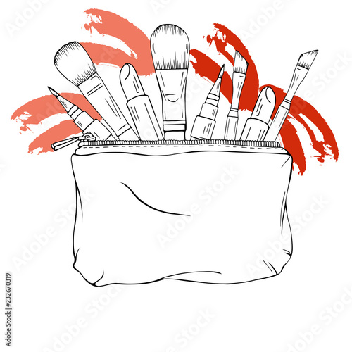 Makeup products and brushes in a baag with red brushstrikes on white background. Hand drawn vector illustration. photo