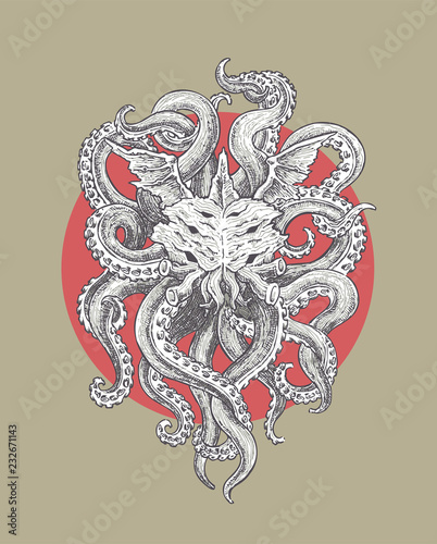 Horrible Sea Monster with Wings and Tentacles. Illustration in Classic Ink Technique in Vector Format.