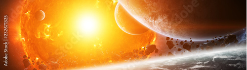 Exploding sun in space close to planet 3D rendering elements of this image furnished by NASA