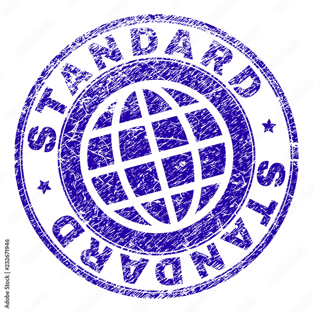 STANDARD stamp print with distress texture. Blue vector rubber seal print of STANDARD tag with grunge texture. Seal has words arranged by circle and globe symbol.