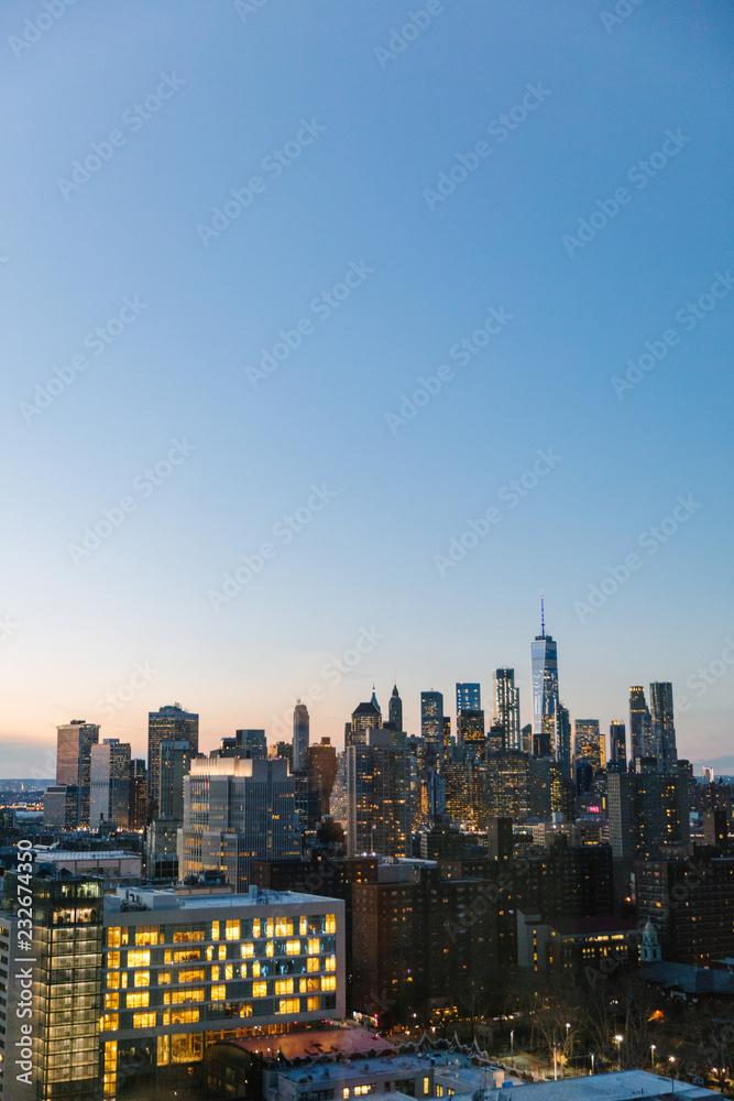 Sunset view of New York City skyline from above Sunset view of New York City skyline from above