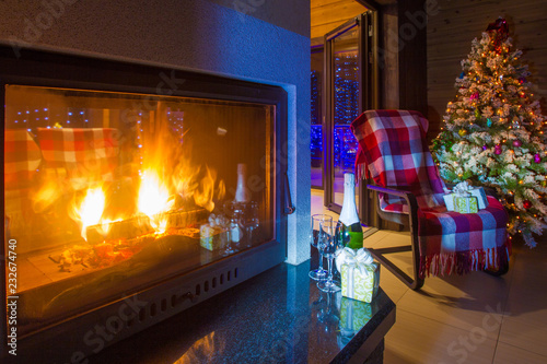 Fireplace. Christmas tree i...