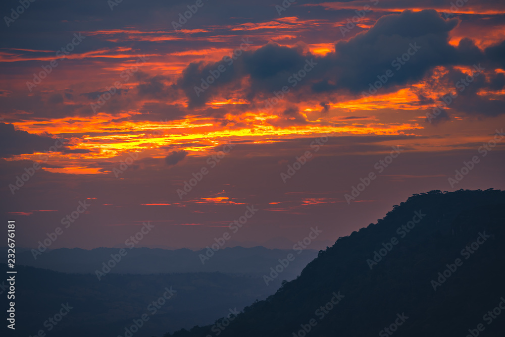 Sunset at Loei Province, Phu Kradueng National Park Thailand. Landscape view from mountain.