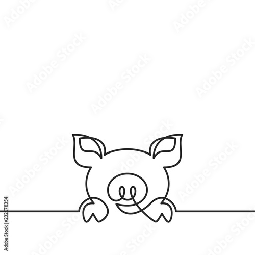 One continuous line drawing of pig, Black and white vector minimalistic illustration
