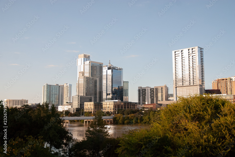 Austin Skyline During the Day with Blue Sky and River