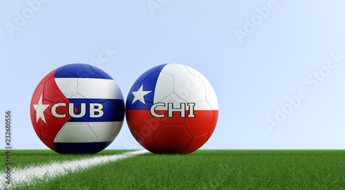 Cuba vs. Chile Soccer Match - Soccer balls in Cuba and Chile national colors on a soccer field. Copy space on the right side - 3D Rendering 