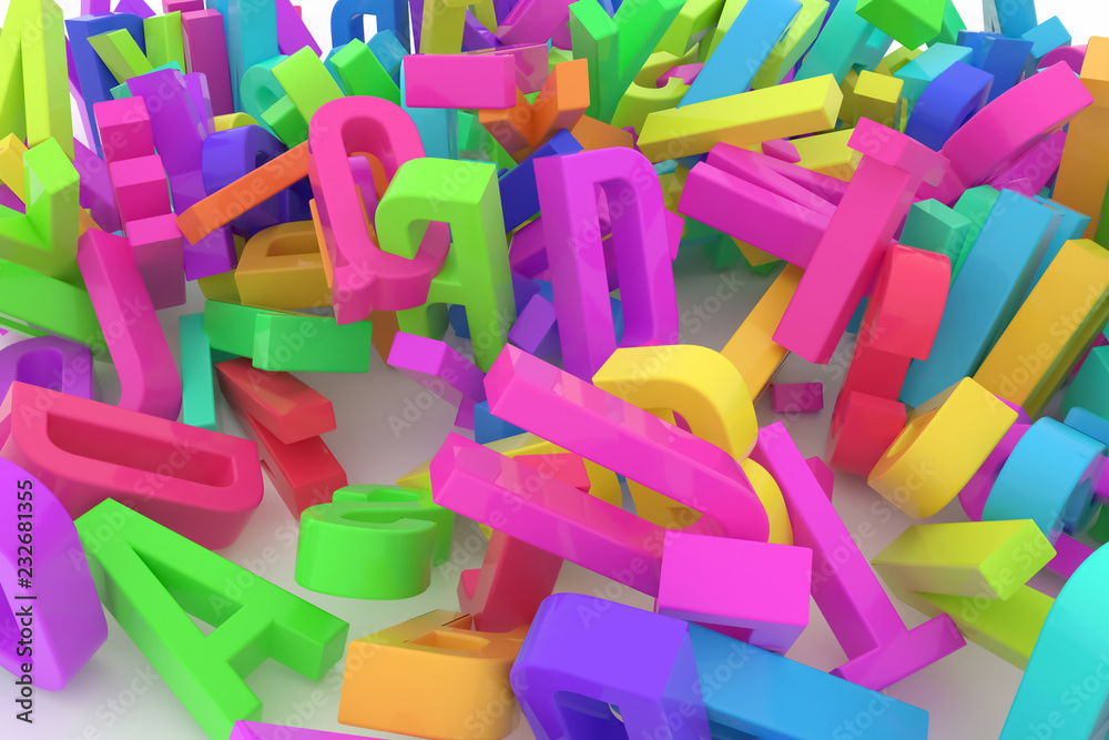 Fototapeta premium Decorative, illustrations CGI typography, alphabet, letter of ABC. Good for design texture, background. Title, education, communication & caption.