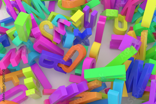 CGI typography, letter of ABC, alphabet for design texture, background. Mess, rendering, wallpaper & 3d.