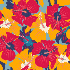 Fotobehang Hibiscus patronen Retro hibiscus bloemenpatroon vintage stijl  © Serazetdinov