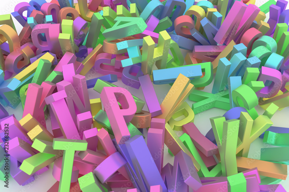 Fototapeta premium Decorative, illustrations CGI typography, alphabet, letter of ABC. Good for design texture, background. Communication, wallpaper, stack & education.