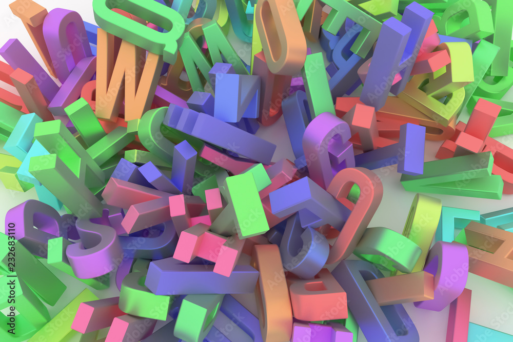 Fototapeta premium Decorative, illustrations CGI typography, alphabet, letter of ABC. Good for design texture, background. Modeling, word, creativity & business.