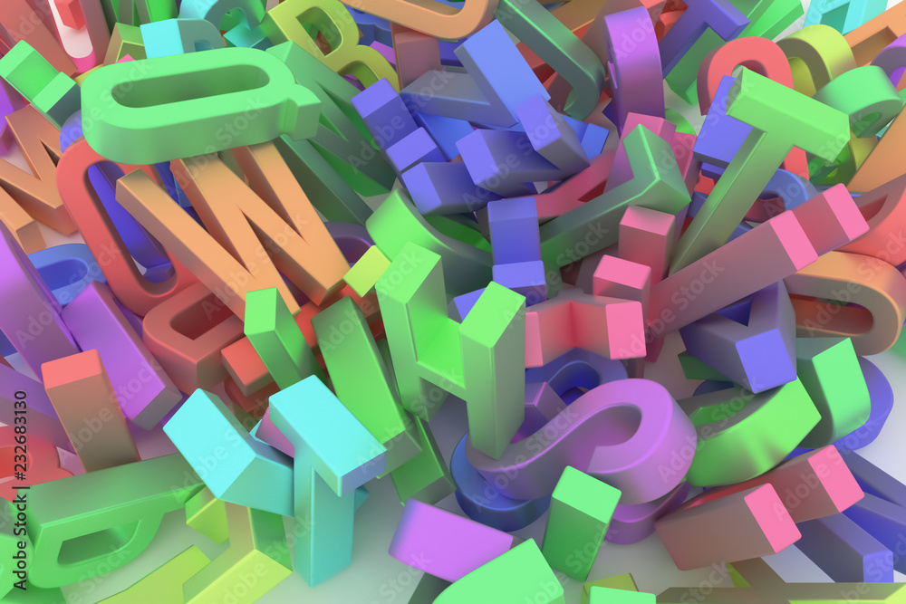 Fototapeta premium CGI typography, letter of ABC, alphabet for design texture, background. Education, wallpaper, kindergarten & artwork.
