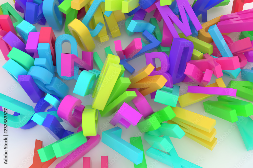 Fototapeta premium Background abstract CGI typography, letter of ABC, alphabet good for design. Title, symbol, pile & shape.