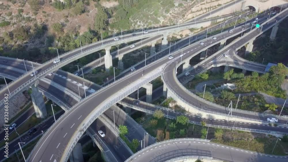 Multi level Highway interchange with traffic on all levels - Aerial footage Multi level Highway interchange with traffic on all levels - Aerial footage