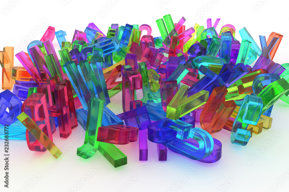 Fototapeta premium Background abstract CGI typography, letter of ABC, alphabet good for design. Bunch, text, rendering & education.