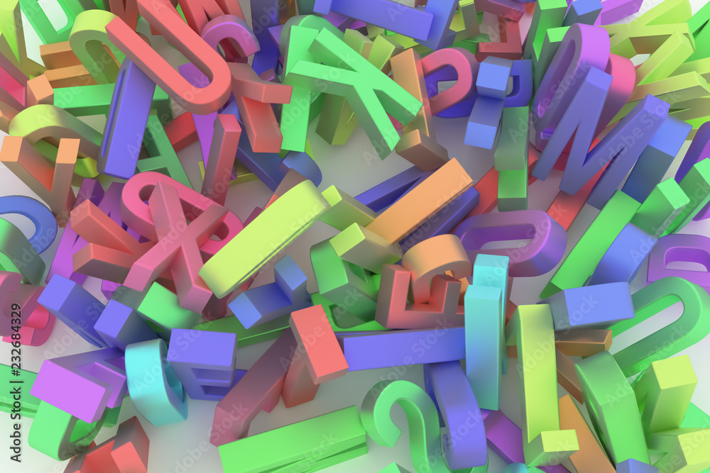 Fototapeta premium CGI typography, letter of ABC, alphabet for design texture, background. Style, pile, random & pattern.