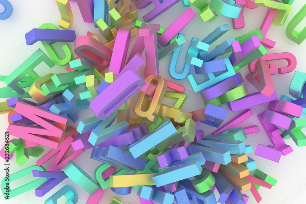 Fototapeta premium Abstract CGI typography, alphabet, letter of ABC. Wallpaper for graphic design. Pile, random, style & kindergarten.